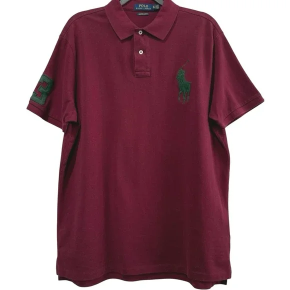 Polo Ralph Lauren Custom Slim Fit Polo Burgundy Green Big Pony Sleeve Patch M - Picture 1 of 4